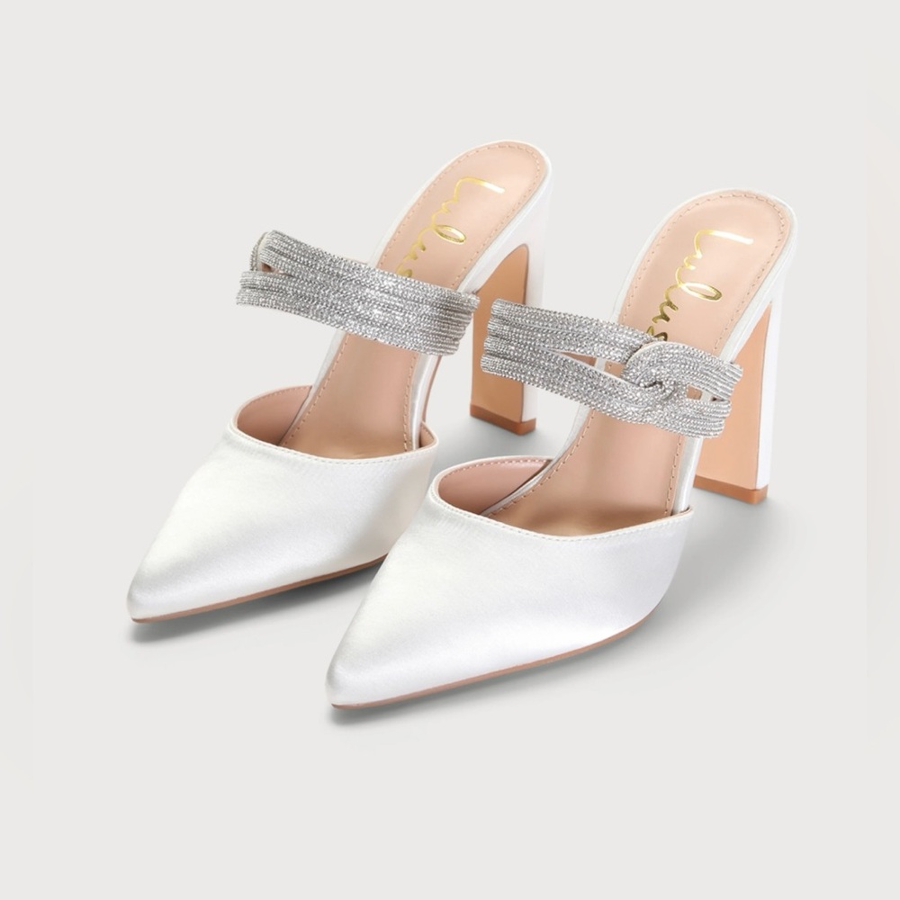 Lulu’s Celines White Satin Rhinestone Pointed-Toe Mule Pumps Size 7.5